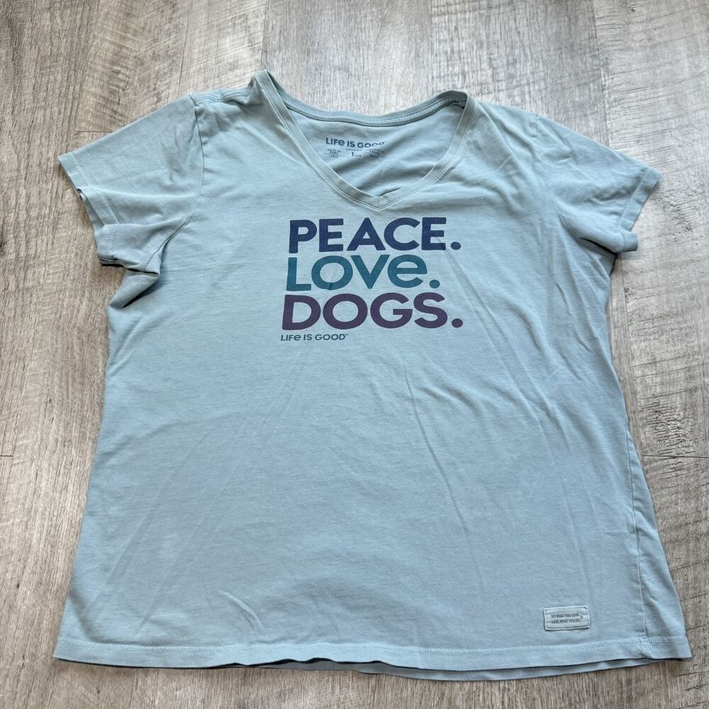 Life is Good Blue Crusher Graphic V-Neck T-Shirt Womens Large Peace Love Dogs